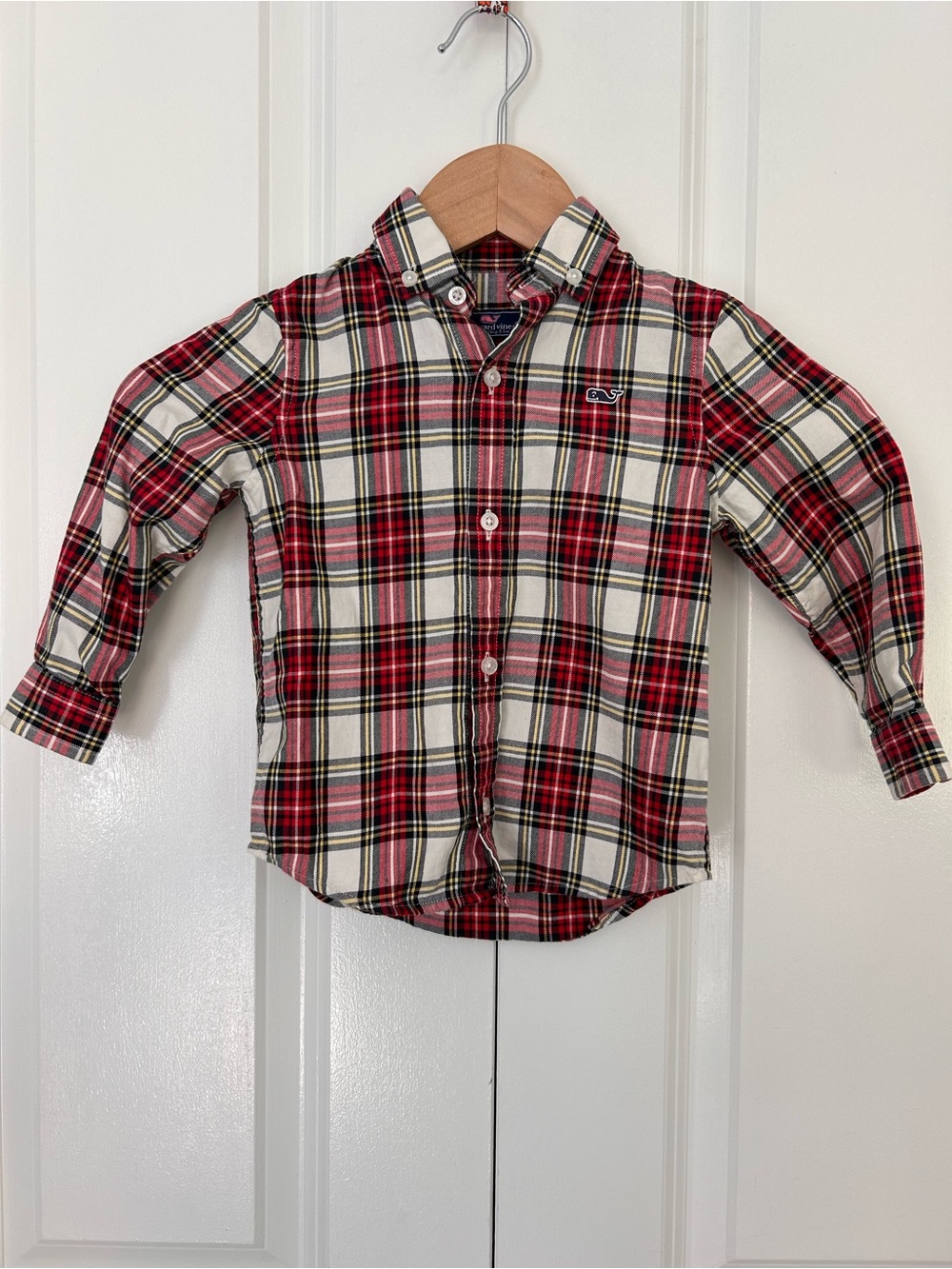 Vineyard Vines boys 2T red and cream plaid button down whale shirt cotton